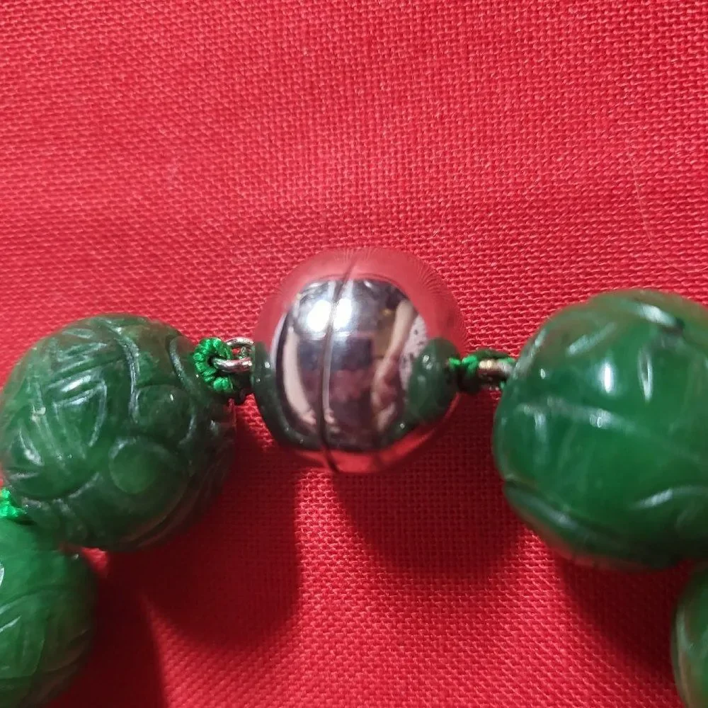 Carved Green Jade Beaded Sterling Silver Necklace